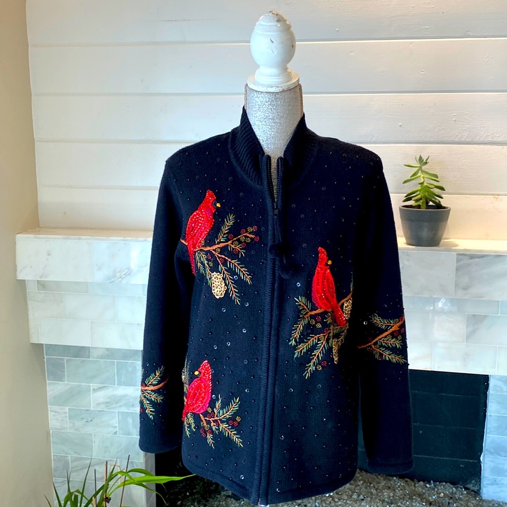 Embroidered Red Cardinal Zip-Front Knit Cardigan - Women